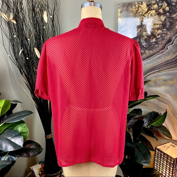 VINTAGE Givenchy Sheer Red Black Polka Dot Top Puff Sleeve Shoulder Blouse Shirt - Picture 7 of 9